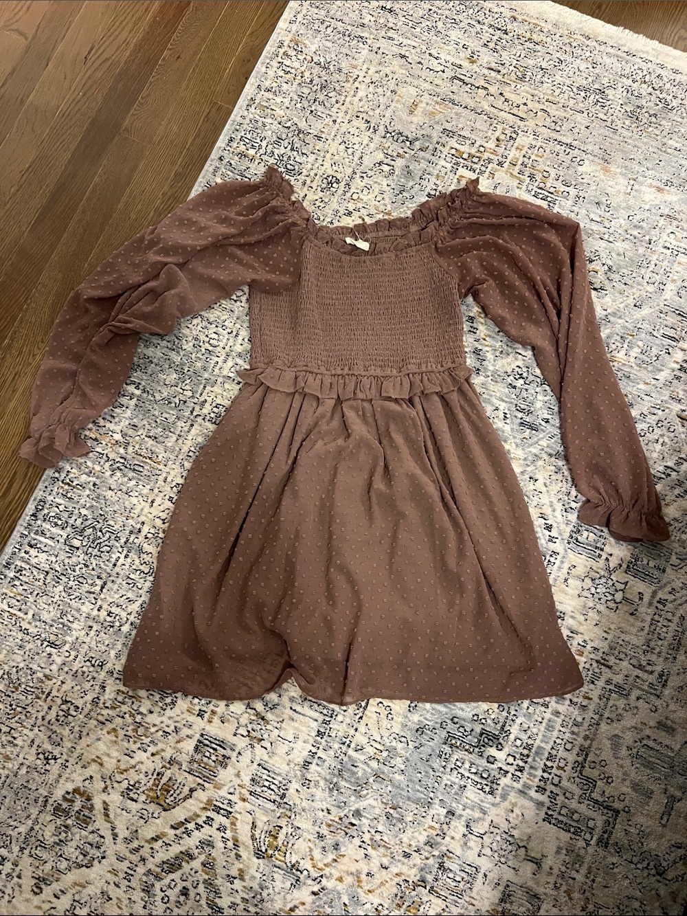 Brown Long-Sleeve Smocked Waist Dress